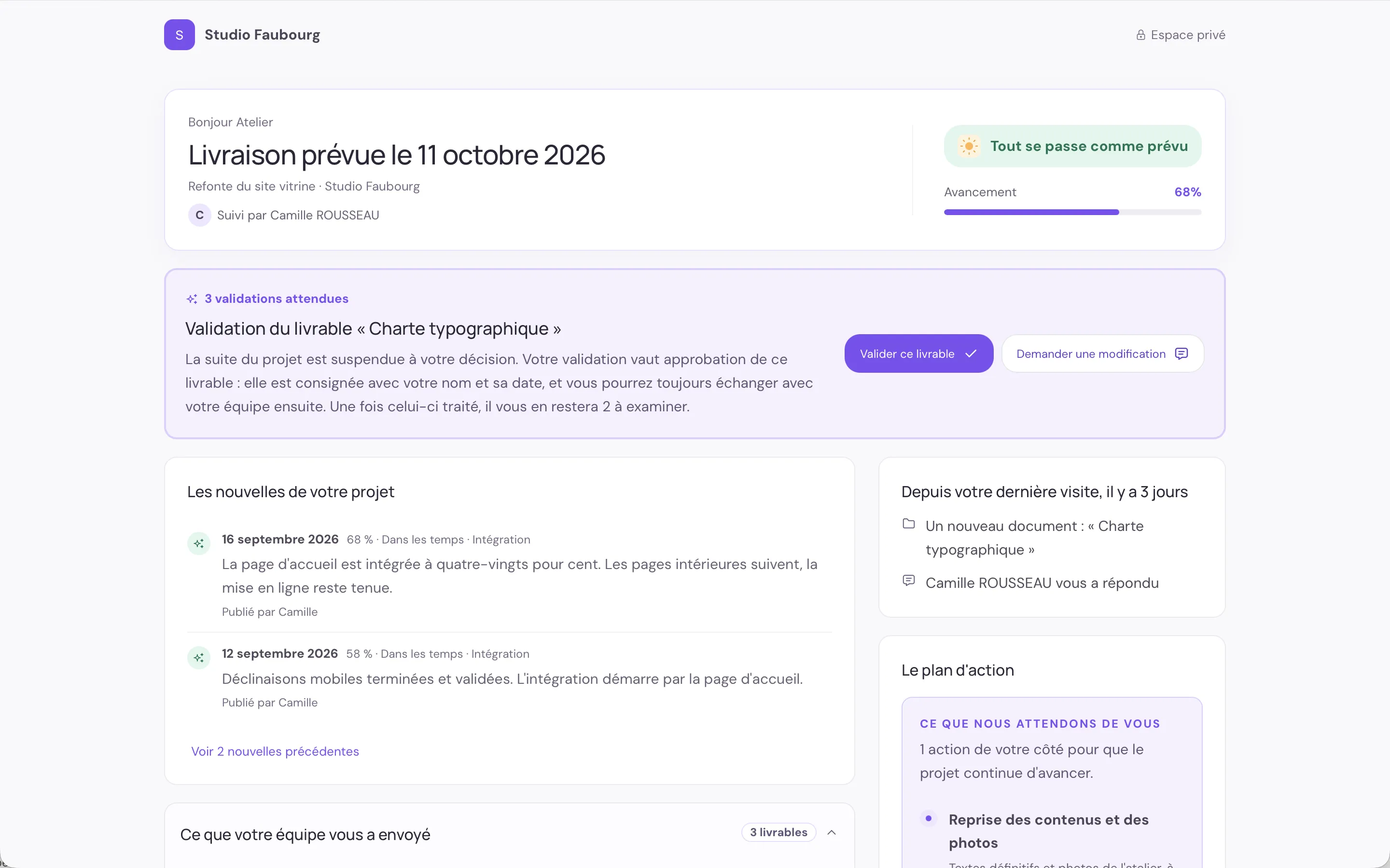 Le dashboard client ProjectPad : le nom du projet, son avancement, la phase en cours et ce qui a bougé depuis la dernière visite