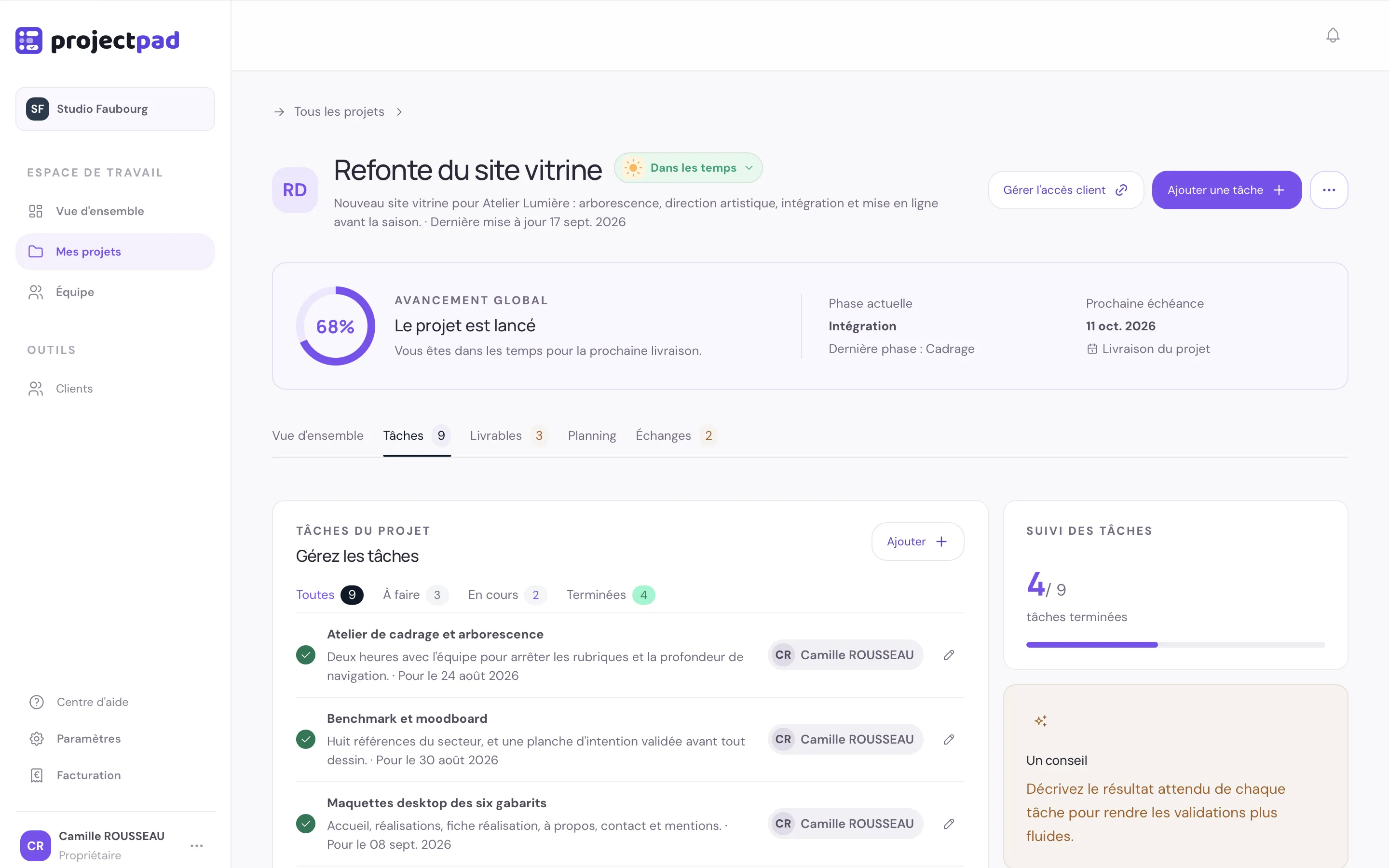 Les tâches d'un projet dans ProjectPad, avec leurs responsables, leurs échéances et leurs statuts